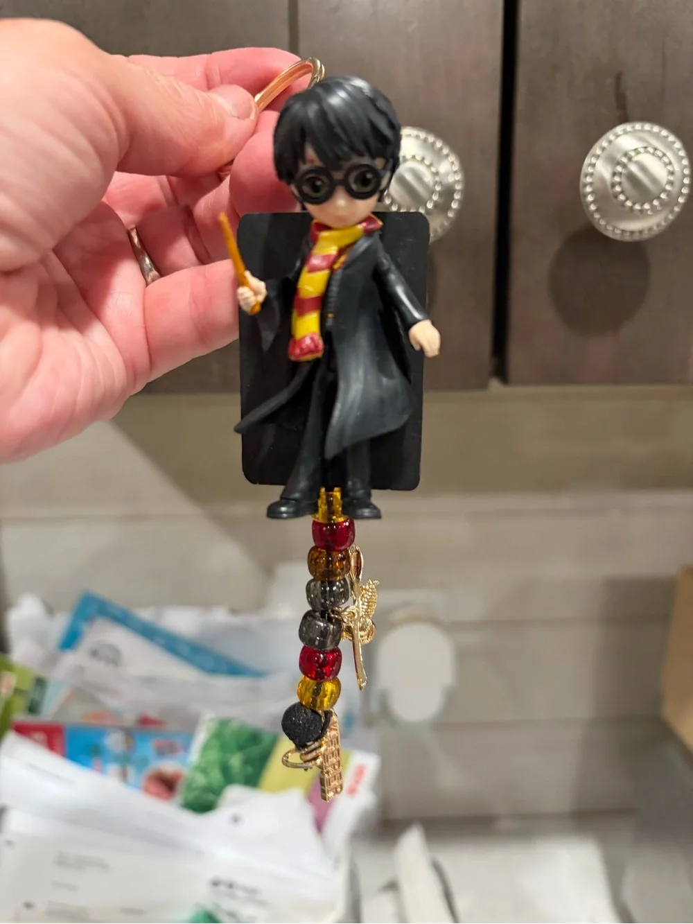 Black and Red Wizard Phone Charm with Gold Accents -